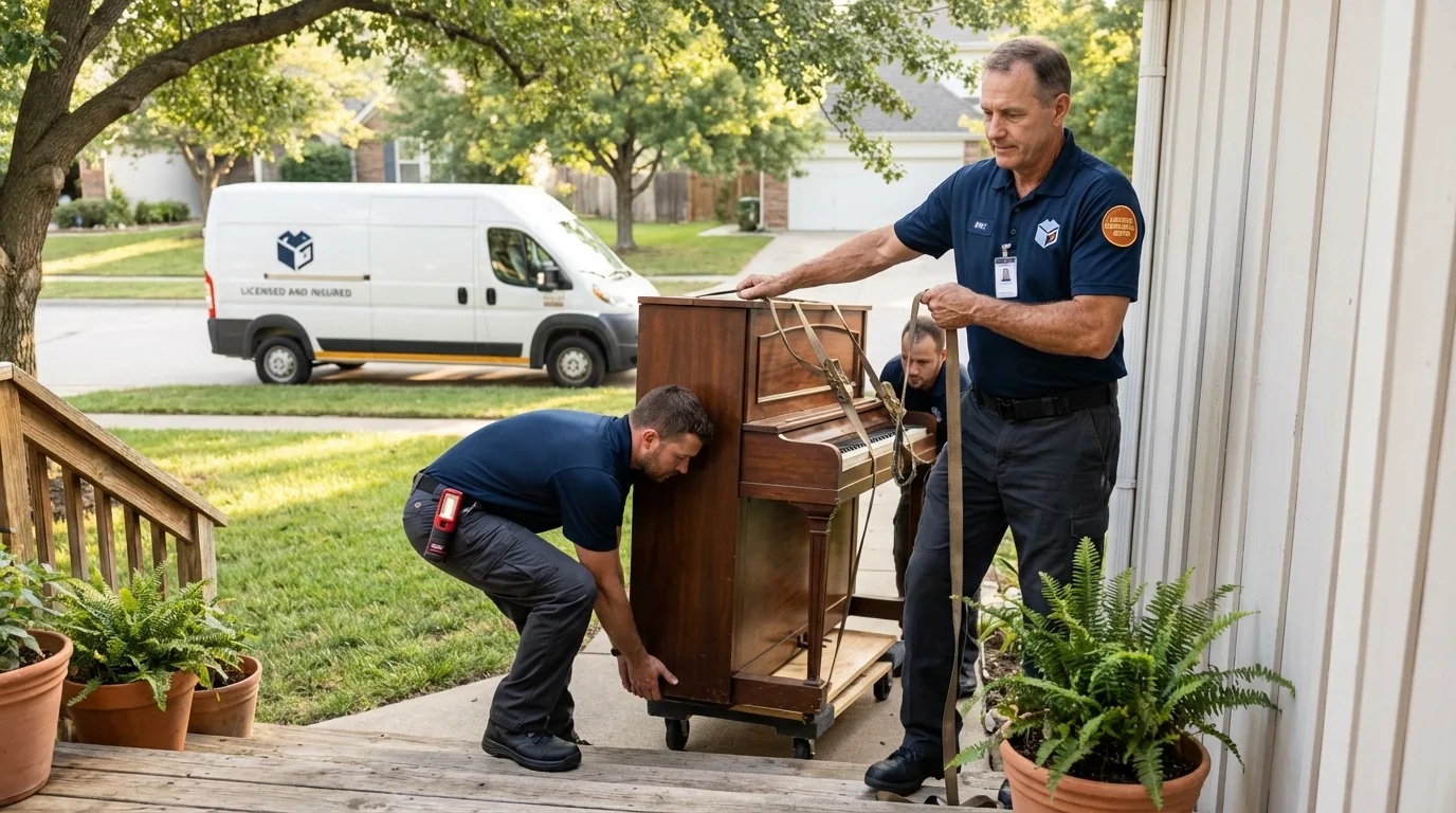 Licensed piano movers securing grand piano in Pensacola, FL