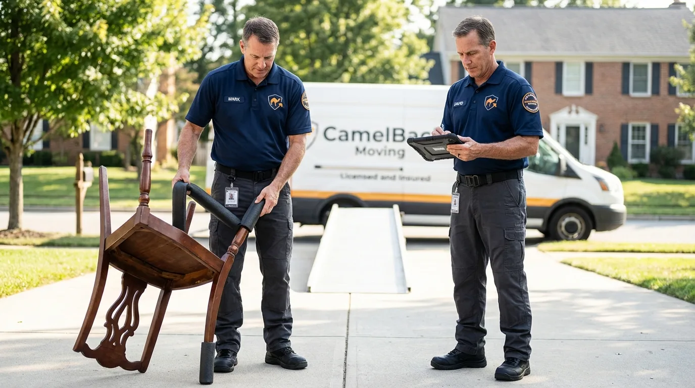 Movers inspecting furniture for damage prevention before loading in Pensacola, FL