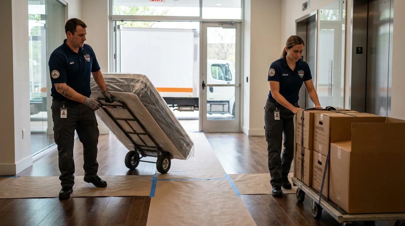 Professional apartment movers loading elevator in Pensacola, FL